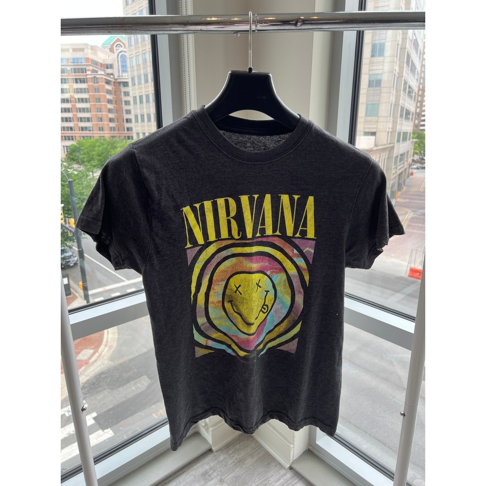 Nirvana Smiley Face Tie Dye Graphic T-Shirt Charcoal Gray Band Tee Womens Small